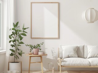 A blank light wooden 4:3 frame mock up, plain surface, clean background, living room setting, good lighting