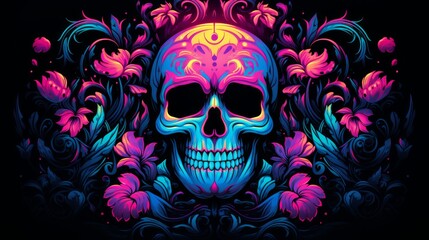 Colored neon skull on a black background. Neural network AI generated art