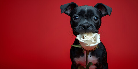 Dog holding a flower in his teeth on red background. Spring greeting card or banner for Valentine's, Women's and Mother's day, birthday, wedding. Template with copy space