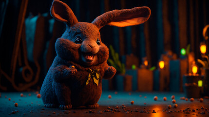 A cute and kind Easter bunny in cartoon style with big ears shines with a joyful smile, ready to give joy and cheer everyone who meets him on the way.