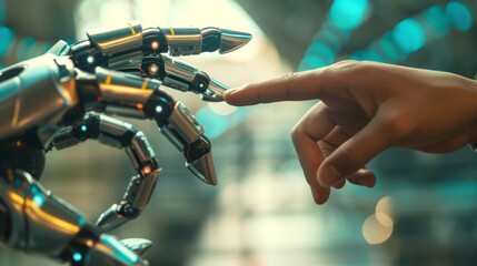 Close-up of a robotic hand reaching towards a human hand. Futuristic robotics and artificial intelligence concept with selective focus