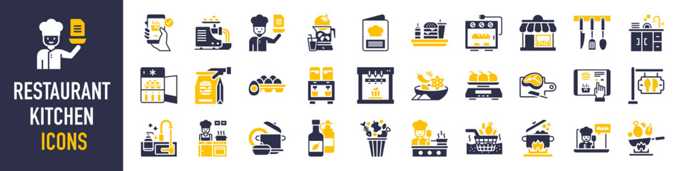 Restaurant kitchen icon set. Such as dispenser, salt & pepper, cooking , grill, food menu, cookware, healthy food, sink, frying pan, knife, waitress, catering, dinner table icons vector illustration.