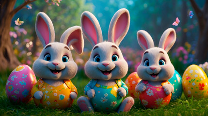 Cute and kind Easter bunnies in cartoon style with big ears shines with a joyful smile, ready to give joy and cheer everyone who meets him on the way.