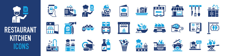 Restaurant kitchen icon set. Such as dispenser, salt & pepper, cooking , grill, food menu, cookware, healthy food, sink, frying pan, knife, waitress, catering, dinner table icons vector illustration. - obrazy, fototapety, plakaty