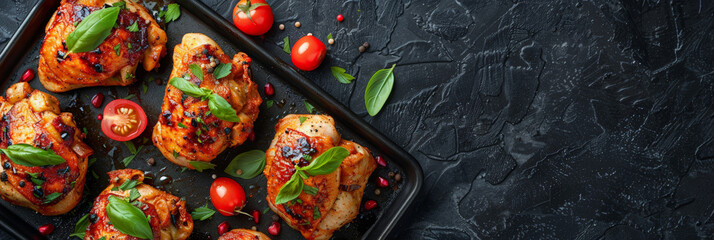 Fototapeta premium Hawaiian inspired sheet pan chicken with pineapple, dark background, Exotic culinary, beach-inspired cuisine, for banner, menu