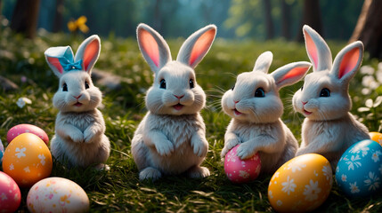 Cute and kind Easter bunnies in cartoon style with big ears shines with a joyful smile, ready to give joy and cheer everyone who meets him on the way.
