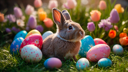 A cute and kind Easter bunny in cartoon style with big ears shines with a joyful smile, ready to give joy and cheer everyone who meets him on the way.