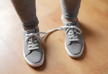 Man with shoelaces tied together. April fool's day prank - obrazy, fototapety, plakaty