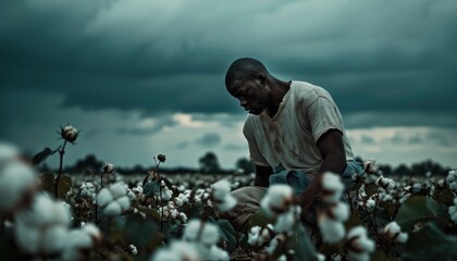 Man harvesting cotton in moody fields