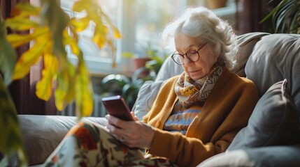 Elderly woman using smartphone on sofa in living room. - obrazy, fototapety, plakaty
