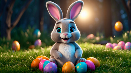 A cute and kind Easter bunny in cartoon style with big ears shines with a joyful smile, ready to give joy and cheer everyone who meets him on the way.