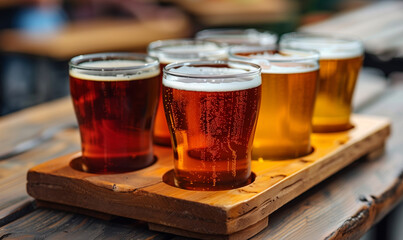 Craft Beer Tasting Experience: Row of Golden Ales, Beer in Glasses in a Tavern on a Wooden Table. - obrazy, fototapety, plakaty