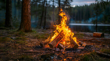 Nighttime Campfire at the Evening with in the Forest by the Lake.