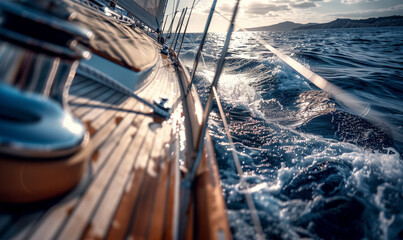 Yacht Sailing the Majestic Sea: Sailboat Gracefully Amidst Ocean Waves. - obrazy, fototapety, plakaty