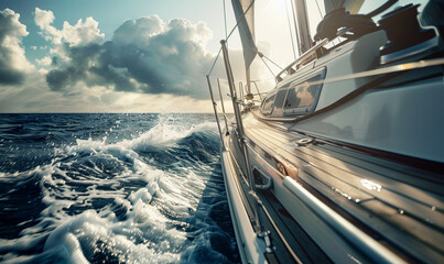 Yacht Sailing the Majestic Sea: Sailboat Gracefully Amidst Ocean Waves. - obrazy, fototapety, plakaty