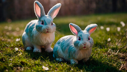 Cute and kind Easter bunnies in cartoon style with big ears shines with a joyful smile, ready to give joy and cheer everyone who meets him on the way.