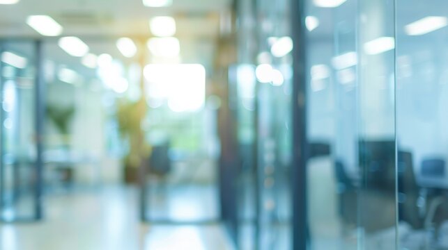 A blurred view of an office hallway with fluorescent lighting and various closed doors