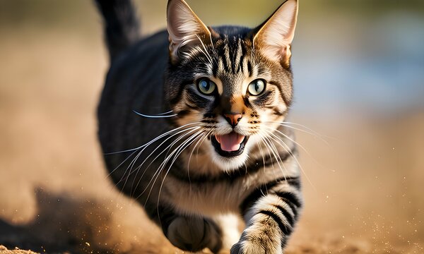 Experience the untamed energy and raw beauty of nature with our captivating stock image of a running wild cat. This dynamic photo captures the essence of wildlife in motion, 