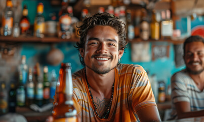 Smiling Latin Bartender Serving Beer Behind the Bar in Summer. - Powered by Adobe
