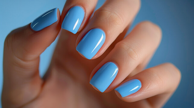 Elegantly Manicured Hand with Light Blue Color. Close-Up Glam Fun Blue Nails with Glossy Finish. Stylish Nail Polish in One Color Classic Look.	