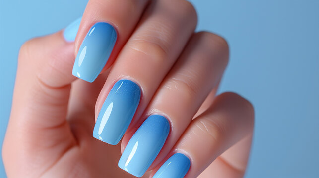 Elegantly Manicured Hand with Light Blue Color. Close-Up Glam Fun Blue Nails with Glossy Finish. Stylish Nail Polish in One Color Classic Look.	