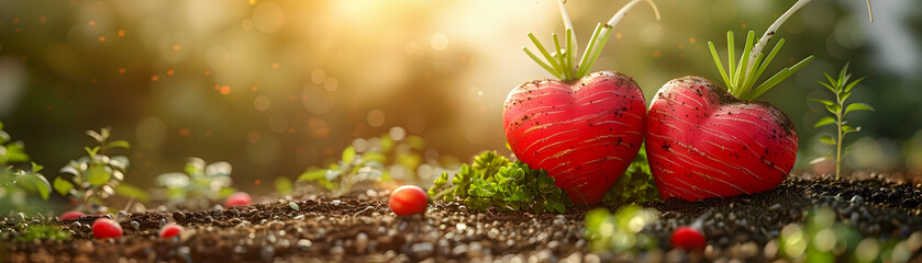 Two red radishes are sitting on the ground, surrounded by dirt and grass