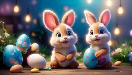 Cute and kind Easter bunnies in cartoon style with big ears shines with a joyful smile, ready to give joy and cheer everyone who meets him on the way.