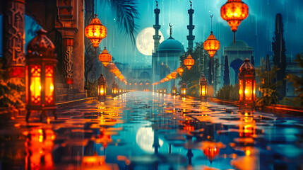 Calle iluminada por faroles con decoración árabe y mezquita en ell ramadán,  símbolo importante en la religión islámica, 