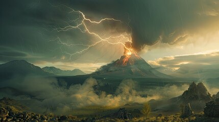 lightning erupting from a volcano with smoke and a hazy sky