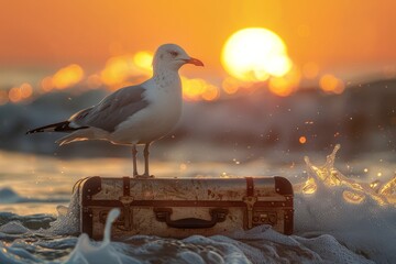 Seagull Perched on Suitcase