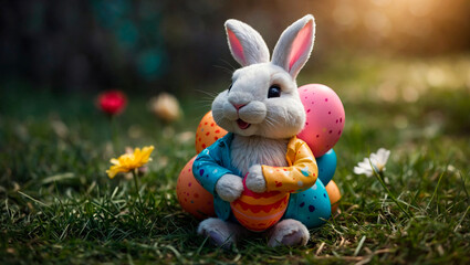 A cute and kind Easter bunny in cartoon style with big ears shines with a joyful smile, ready to give joy and cheer everyone who meets him on the way.