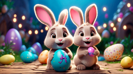 Cute and kind Easter bunnies in cartoon style with big ears shines with a joyful smile, ready to give joy and cheer everyone who meets him on the way.
