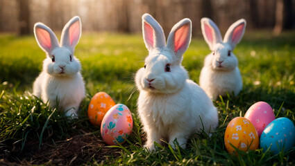 Cute and kind Easter bunnies in cartoon style with big ears shines with a joyful smile, ready to give joy and cheer everyone who meets him on the way.