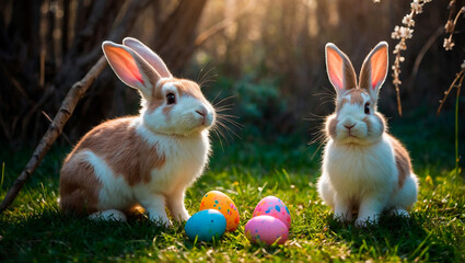 Cute and kind Easter bunnies in cartoon style with big ears shines with a joyful smile, ready to give joy and cheer everyone who meets him on the way.
