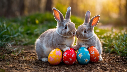 Cute and kind Easter bunnies in cartoon style with big ears shines with a joyful smile, ready to give joy and cheer everyone who meets him on the way.