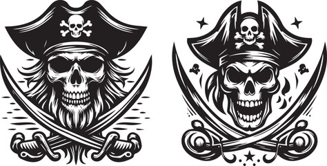 pirate skulls with pirate hat and crossed sabers, black vector graphic