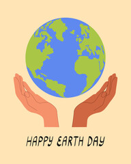 Different race hands holding Earth globe poster, banner. Save the planet, protect the Earth, environment problems, saving nature together concept. Earth Day vector logo, icon illustration design