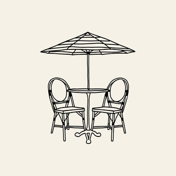 Hand drawn doodle outdoor cafe table with umbrella
