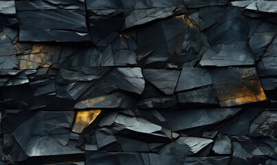 A textured wall of dark slate stones, with a hint of golden light casting a warm glow on the rugged...