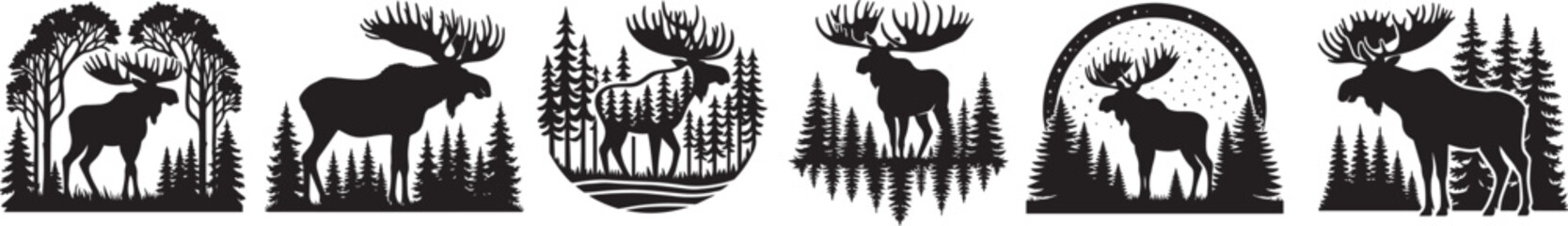 moose against a forest background, large set of trees and nature, black vector graphic