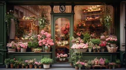 Typical European florist shop showcase with beautiful flowers and vintage green windows.
