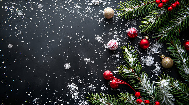 Christmas background white snow on black background. copy space. generative ai  