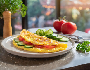 omelette plate served with cucumber and tomato on plate in the background of a cosi kitchen counter