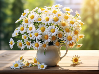 Daisies in a tea cup on a wooden table