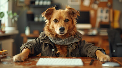 Dog in work clothes at a table, generative ai