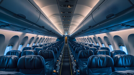 Fototapeta premium Empty airplane interior with leather seats. Travel and transport concept. Design for airline service advertisement, travel agency brochure, and aircraft seating promotion