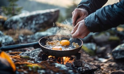 Person cooking fried eggs on a portable griddle over a campfire their face - obrazy, fototapety, plakaty