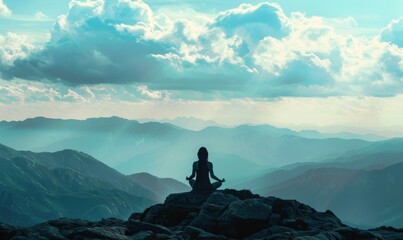 Silhouette fitness girl meditating on the mountain - obrazy, fototapety, plakaty