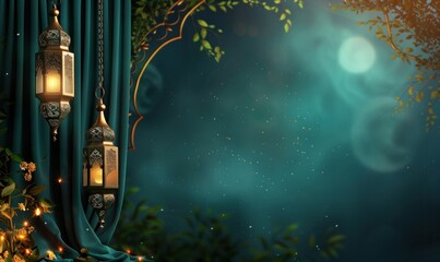 A Beautiful Blue Background with Ornate Lantern and Foliage for Eid Mubarak Promotion
