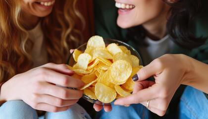 Two people share a joyful moment over a bowl of crispy potato chips, symbolizing friendship and leisurely snacking.